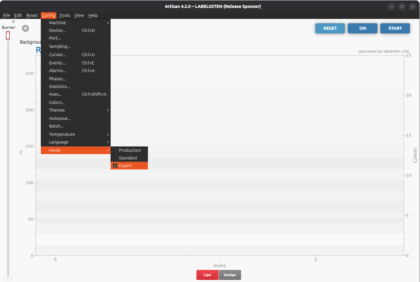 Menu Config > Mode do Artisan com Expert selecionado