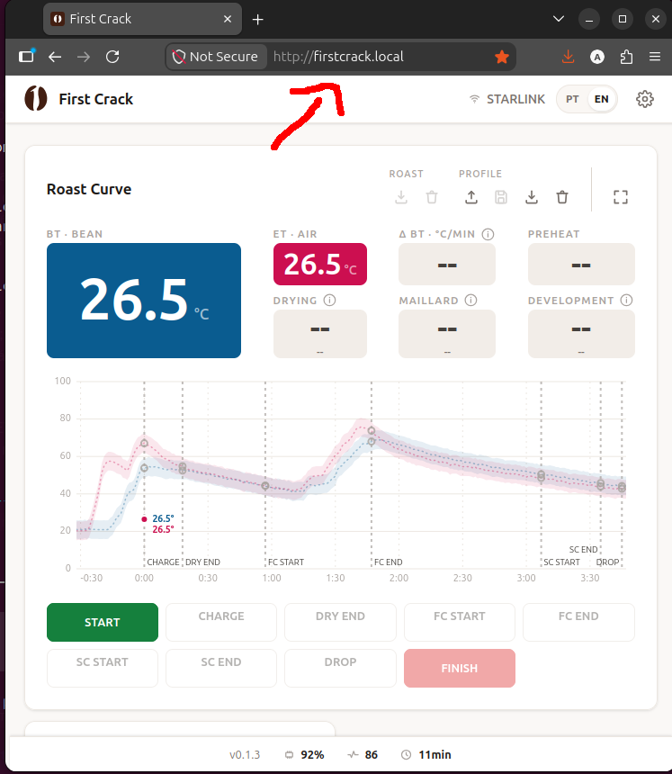 Dashboard do First Crack aberto no navegador