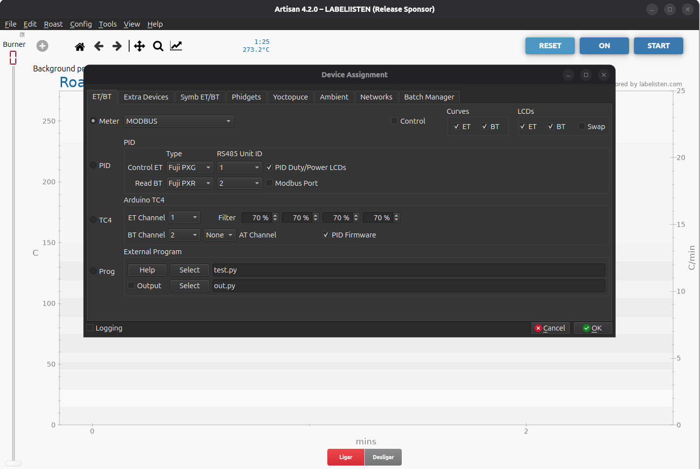 Aba ET/BT do Artisan com MODBUS selecionado como device