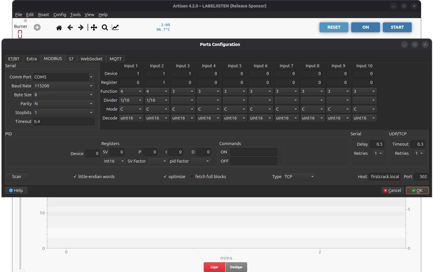 Aba MODBUS do Artisan com Input 1 e Input 2 configurados para BT e ET