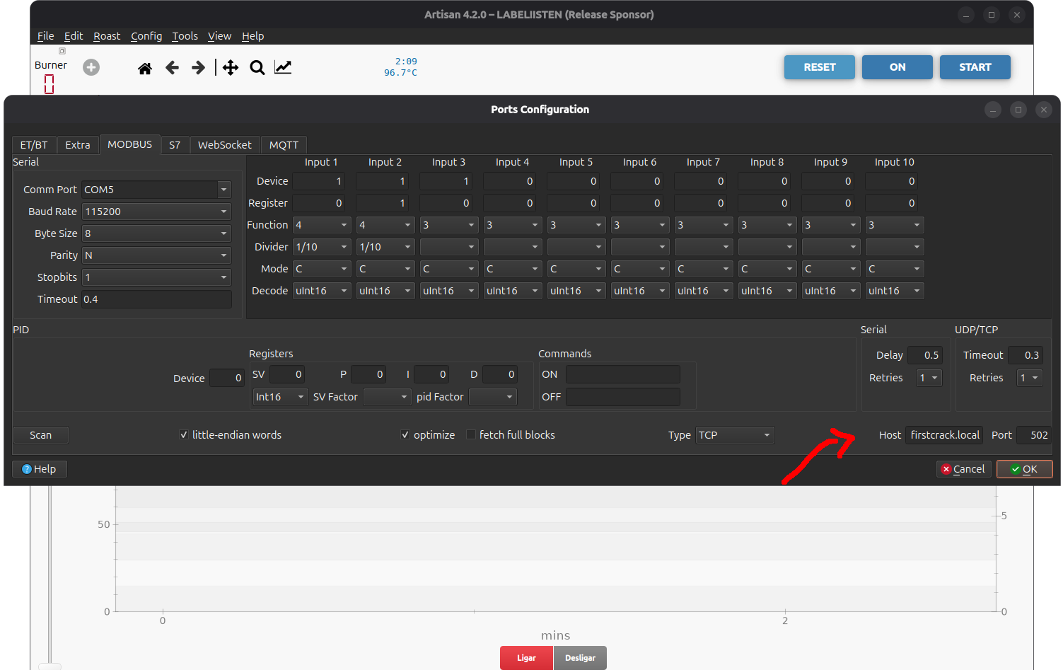 Aba MODBUS do Artisan com conexão TCP, Host e Port configurados
