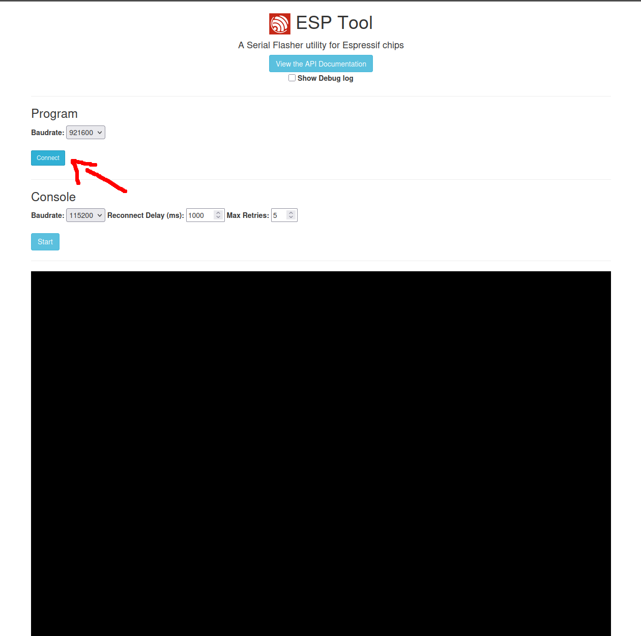 Tela inicial do ESP Tool com o botão Connect