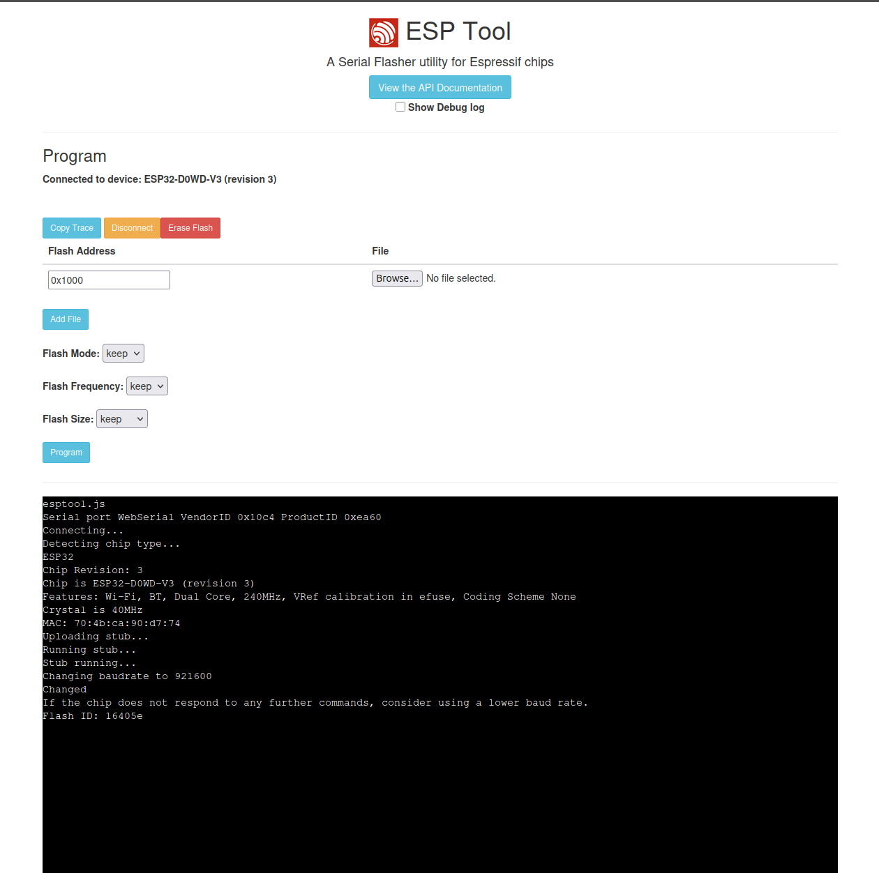 ESP Tool conectado à ESP32 e exibindo informações da placa