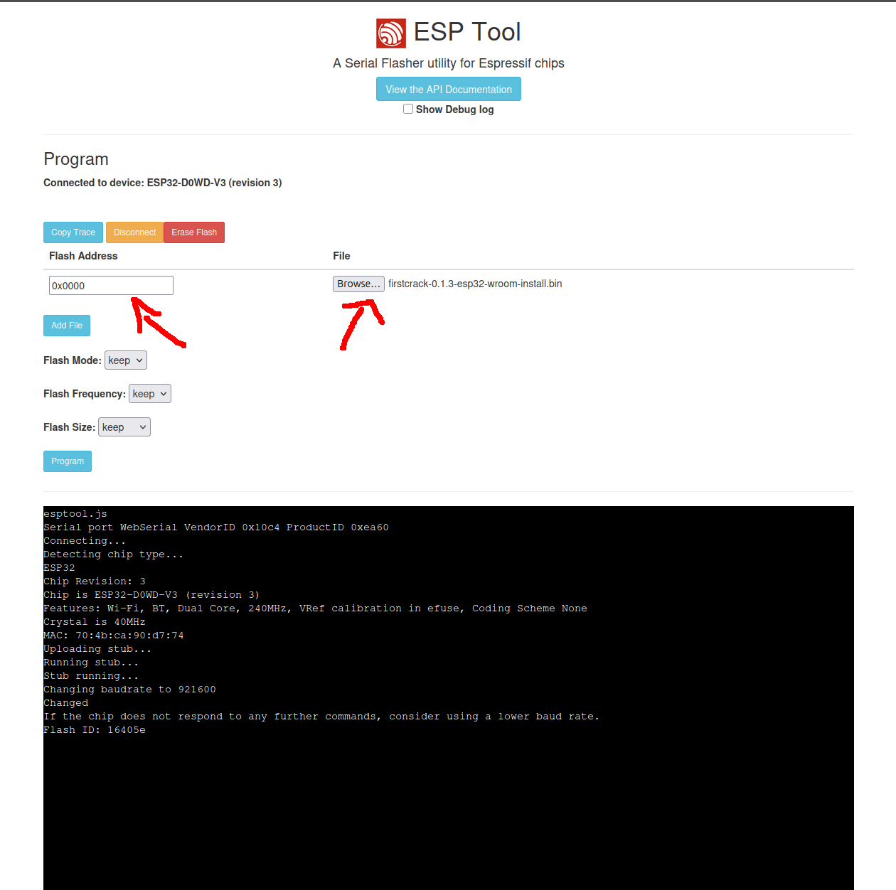 Campos Flash Address e File configurados no ESP Tool