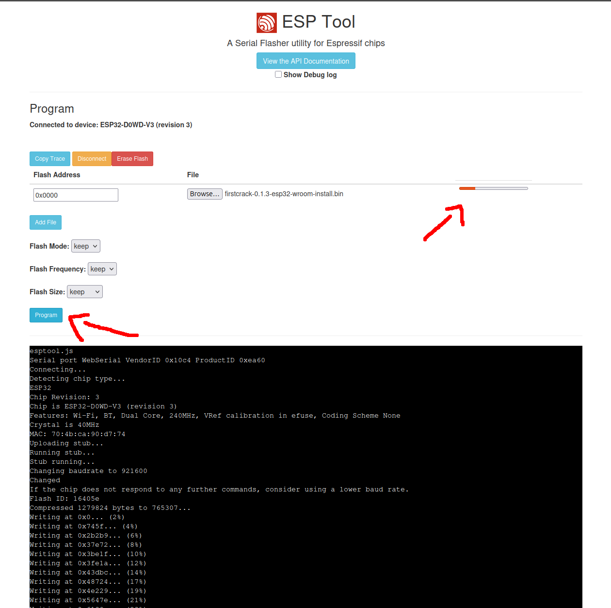 Botão Program do ESP Tool e barra de progresso da gravação
