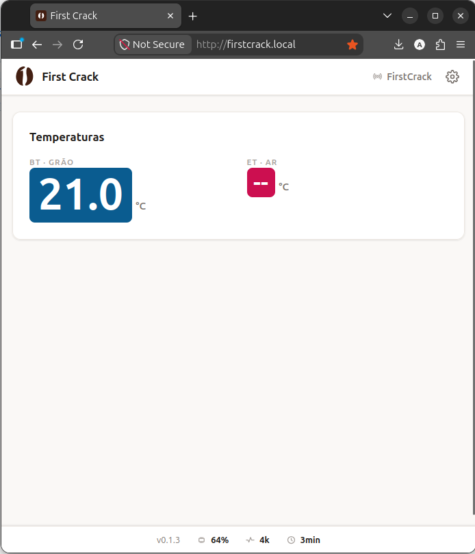 Dashboard do First Crack mostrando leitura de BT