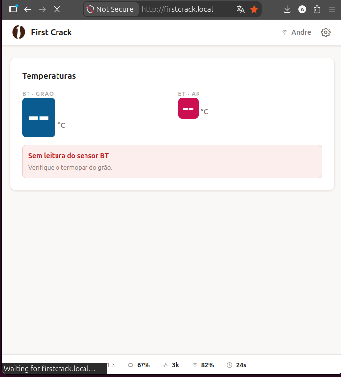Dashboard do First Crack aberto sem sensores conectados