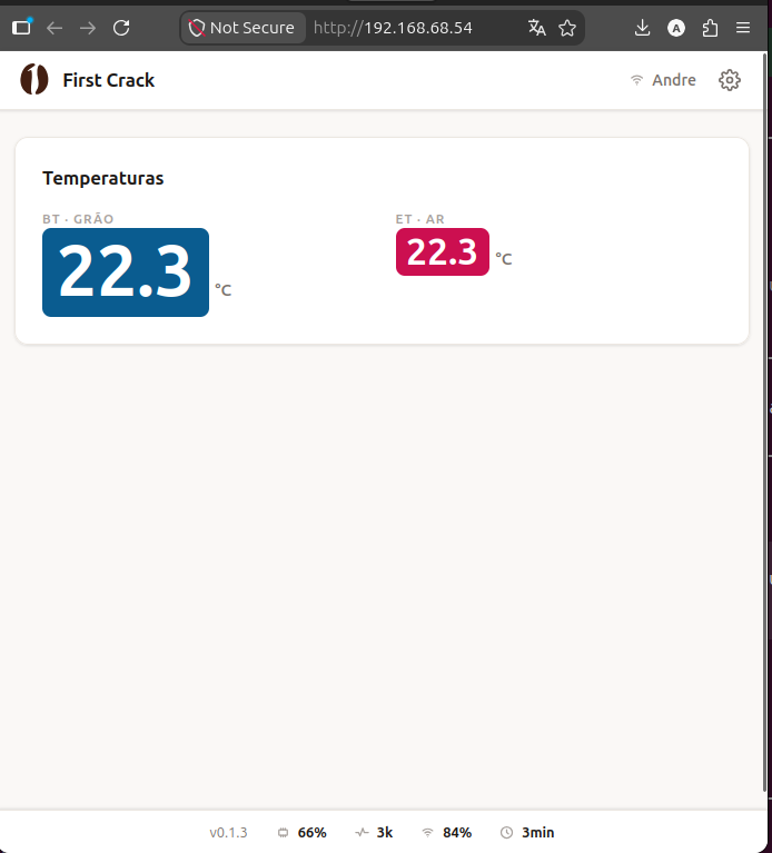 Dashboard do First Crack mostrando leituras de BT e ET